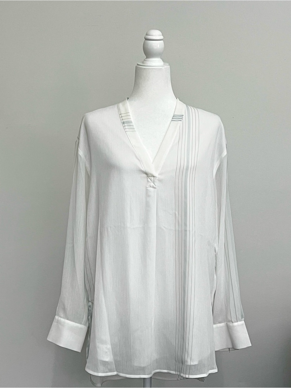 Calvin Klein White Semi-Sheer Pinstripe V-Neck Tunic Blouse Size Medium